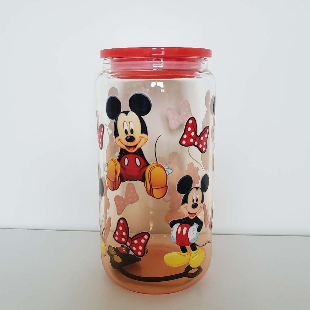 Mickey Mouse 16oz Glass Cup Tumbler Red 4pc with Lid, Straw Stopper, & Straw